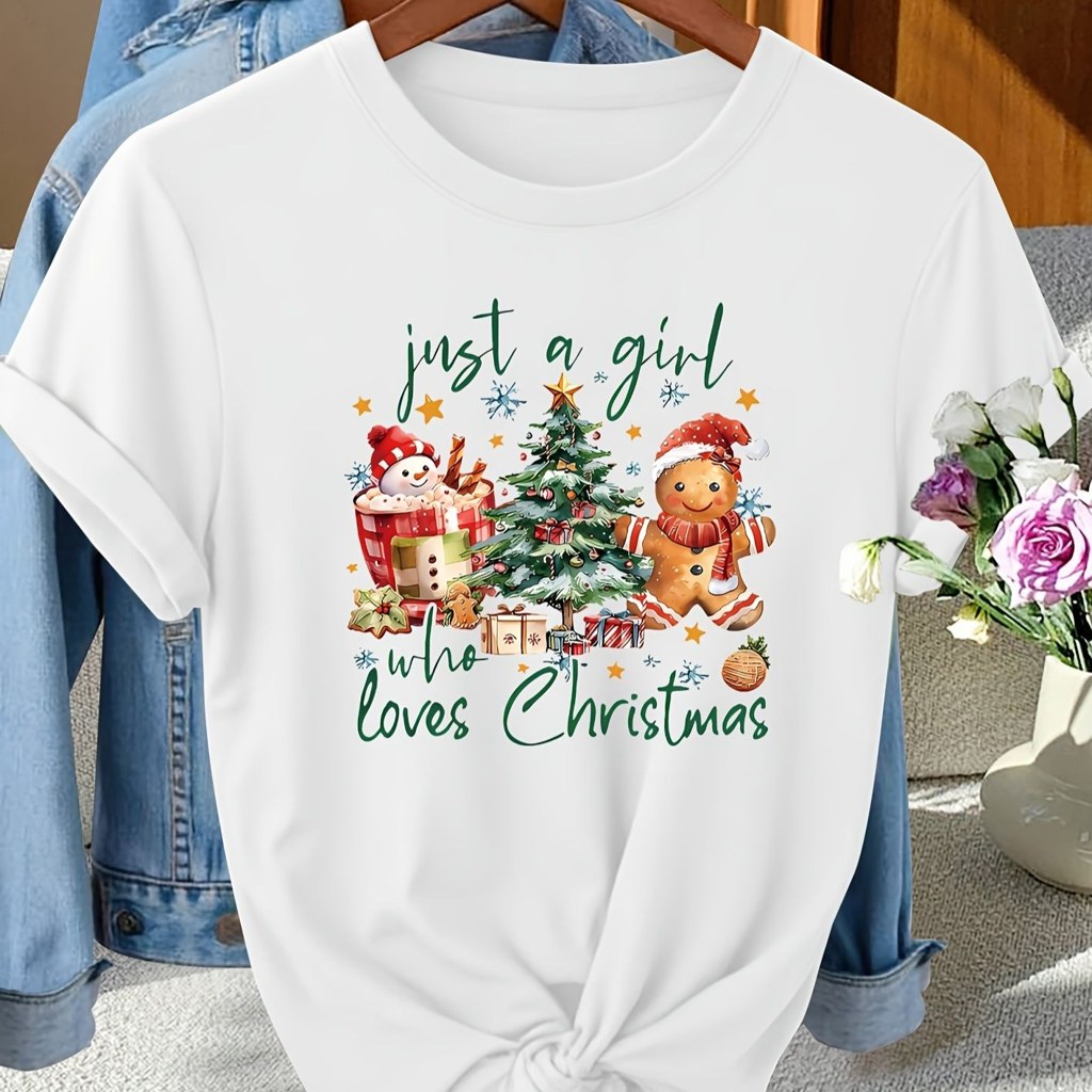 Christmas, Women'S Crew Neck T-Shirt, New Arrival, Short Sleeve, Tee, Just A Who Loves Christmas Print with Gingerbread Man And Tree, Soft Comfortable Fit, Holiday Gift