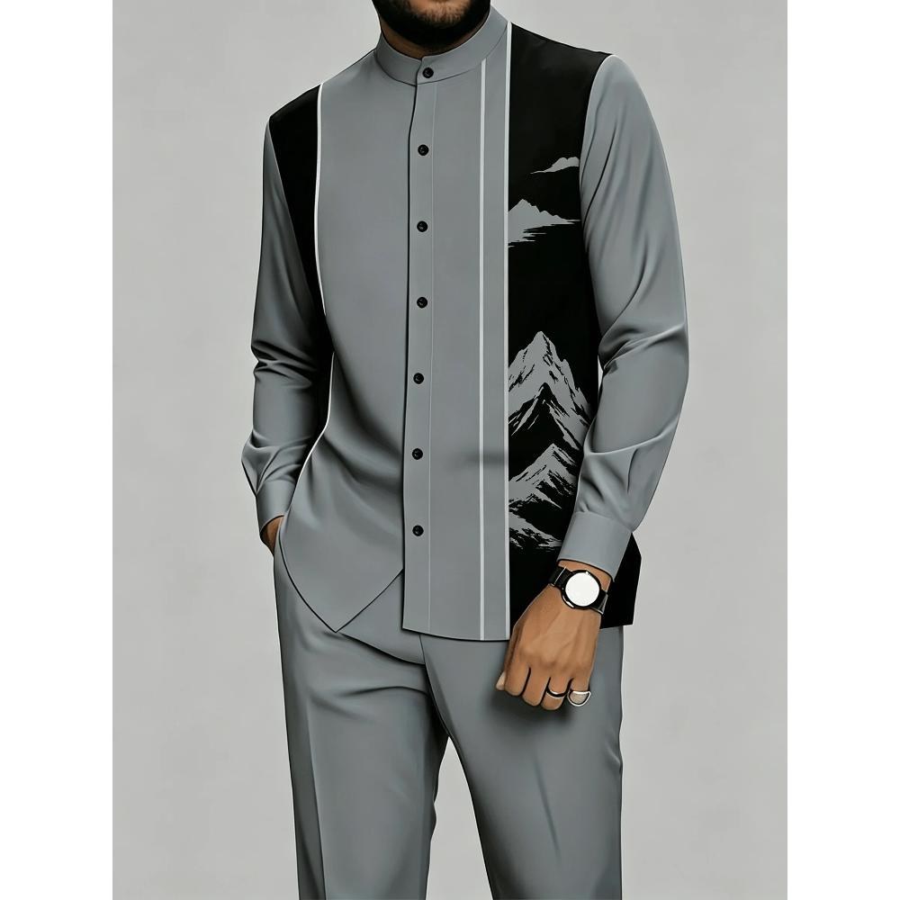 2pcs Set, Teenager'S Formal Suit 2pcs Set - Gray with Black Mountain Pattern Full Body Print, Including Matching Shirt And Straight Leg Trousers, Machine Washable Round Neck Uniform Set, for Outdoor, for Teenager, For Teenager