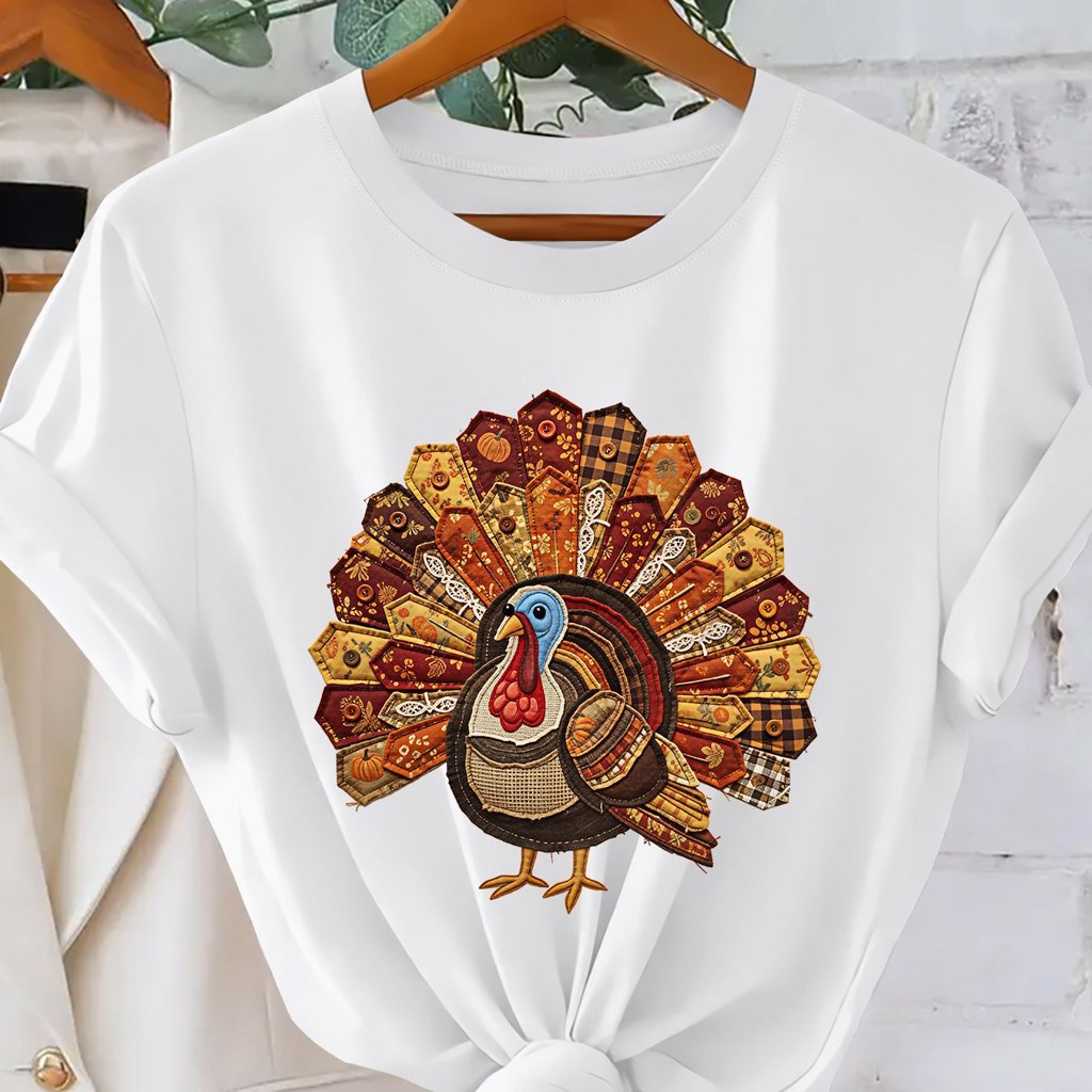 Thanksgiving, Women'S Crew Neck T-Shirt, Ladies, New Arrival, Short Sleeve, Patchwork Turkey Print, Soft Comfortable Fit, Holiday Party Gift