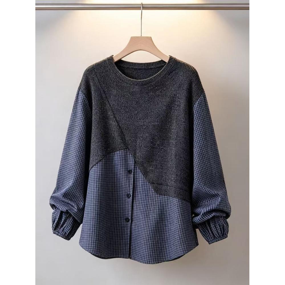Vintage Plaid-Style Fake Two-Piece Shirt for Women, New Autumn/Winter Design with Relaxed, Casual Style Easy to Pair with Other Garments