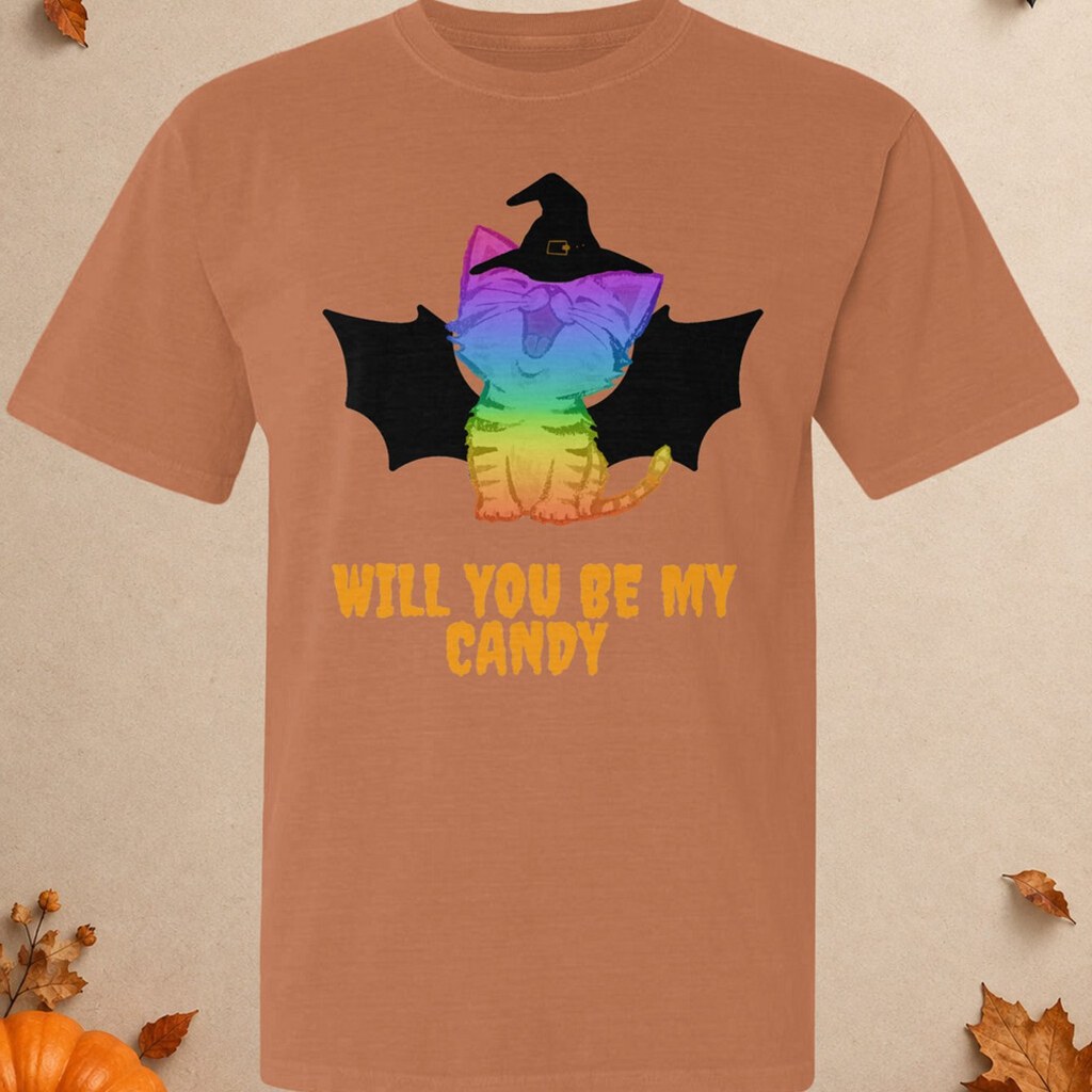 Halloween Rainbow Cat Garment-Dyed Graphic T-Shirt with Witch and Bat Wings
