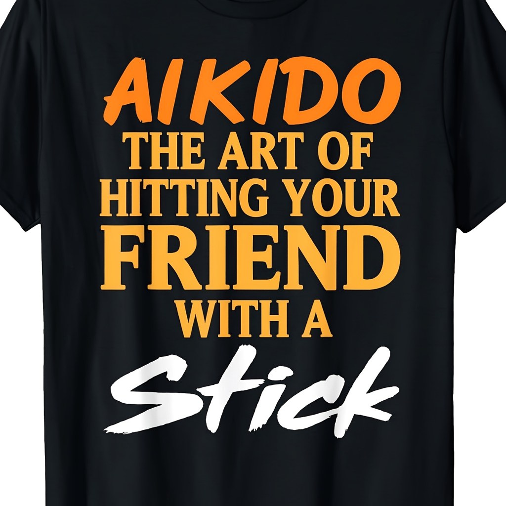 Men'S And Women'S T-Shirts, Novelty T-Shirt, Aikido The Art of Hitting Your Friend with a Stick Text Design, Casual Daily Wear Summer Season, Martial Arts Practitioners Friends Humor Gift