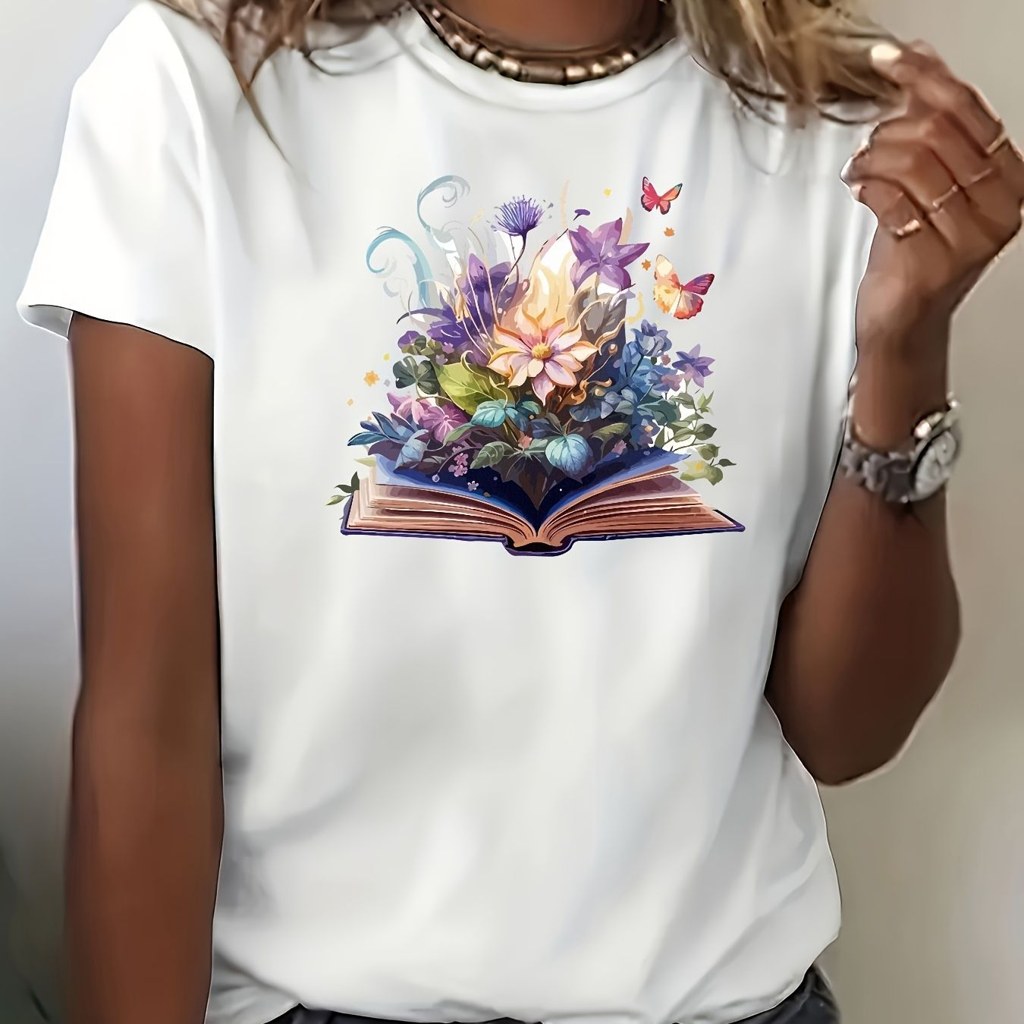Fantasy Theme, Women'S Crew Neck T-Shirt, Book Lovers, New Arrival, Short Sleeve, Graphic Tee, Magical Blooming Book Print, Soft Comfortable Fit, Casual Wear Gift