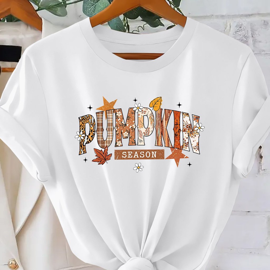 Fall Pumpkin Season, Women'S Crew Neck T-Shirt, Ladies, New Arrival, Short Sleeve, Graphic Tee, Autumn Leaf And Floral Print, Soft Comfortable Fit, Casual Wear Or Gift
