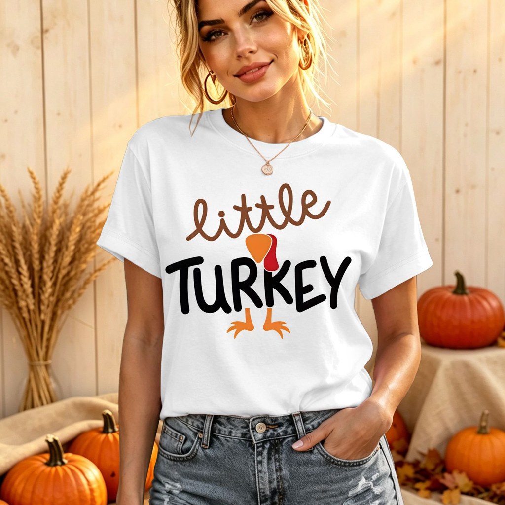 Thanksgiving, Women'S Crew Neck T-Shirt, Ladies, New Arrival, Short Sleeve, Tee, Little Turkey Graphic Print, Soft Comfortable Fit, Holiday Party Gift