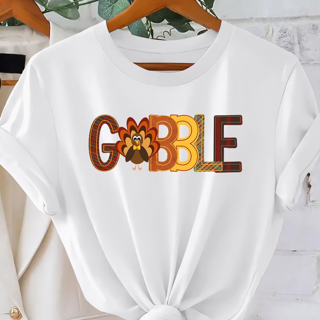 Thanksgiving, Women'S Crew Neck T-Shirt, Ladies, New Arrival, Short Sleeve, Tee, Gobble Turkey Plaid Print, Soft Comfortable Fit, Holiday Party Gift