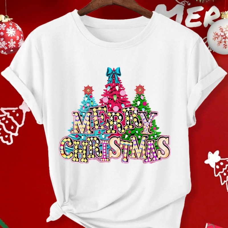 Christmas Holiday Apparel New Women Short Sleeve T Shirt Crew Neck Loose Slim Fit Top with Color Polka Dot Merry Christmas And Christmas Tree Text Print Great for Fall Winter Home Holiday Gift And Party Outfit