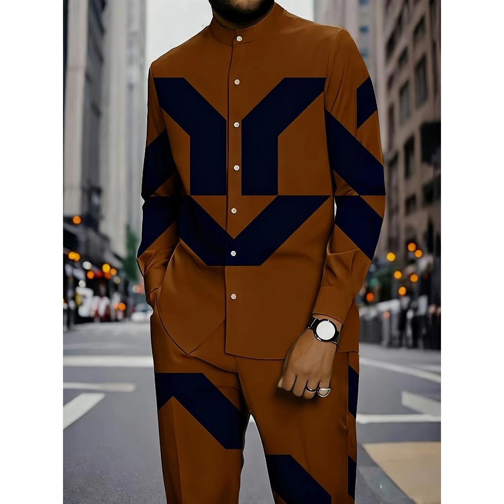 2pcs Set, European And American Teenager'S Fashionable Long-Sleeved Shirt And Long Pants Sports Suit, Long-Sleeved Shirt Paired with Casual Sports Pants, Geometric Print Design, Available in Multiple Colors, for Outdoor, for Teenager, For Teenager