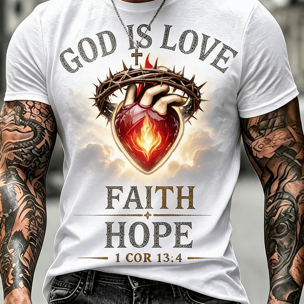 Men'S White Short Sleeve T-Shirt with God Is Love Faith Hope Religious Sacred Heart Print