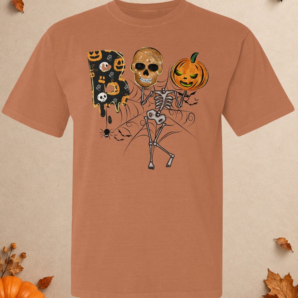 Spooky Halloween Skeleton Garment-Dyed Graphic T-Shirt with Jack-o'-Lantern and Skull