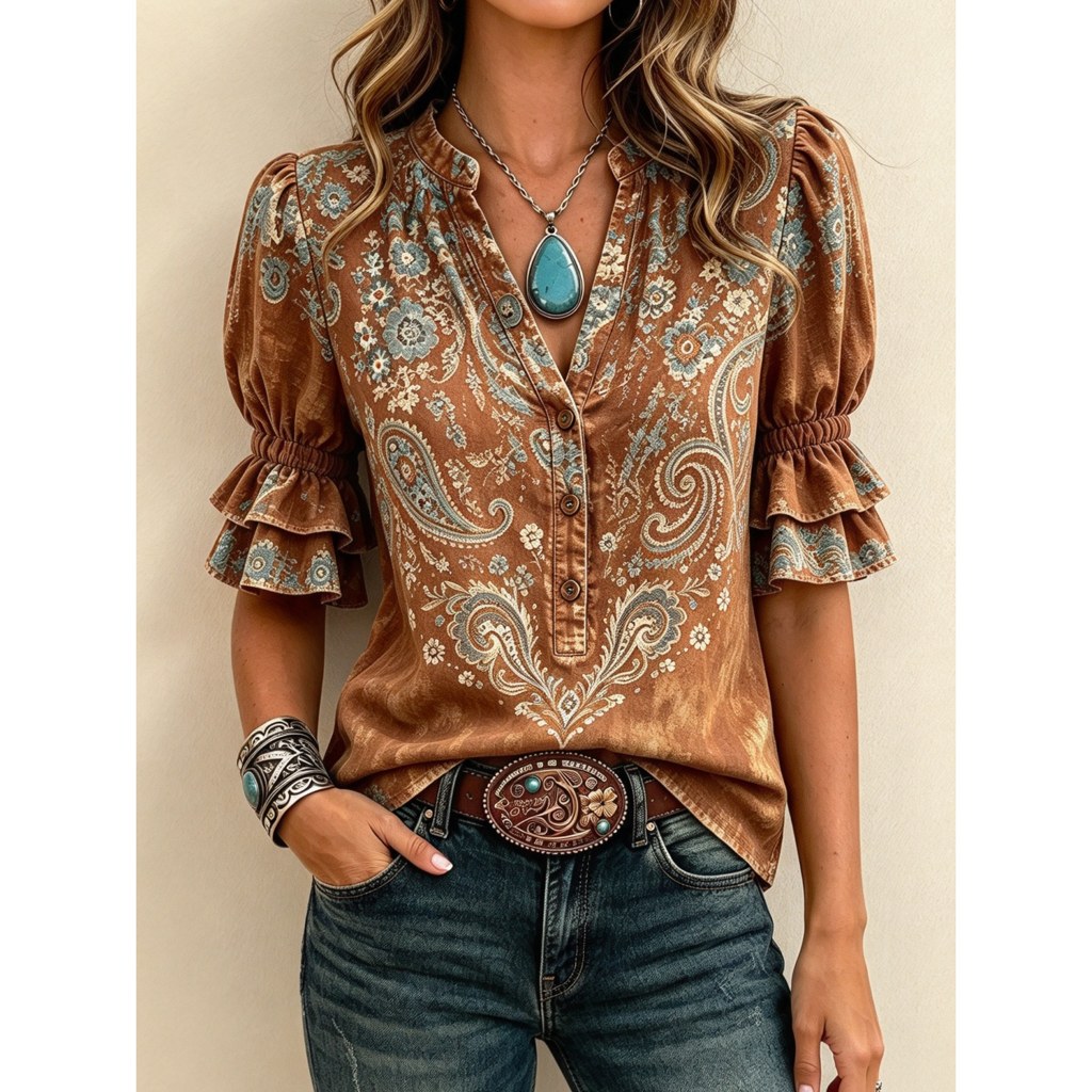Women Western Boho Vintage Paisley Floral Blouse V-Neck Ruffle Sleeve Cowgirl Shirt