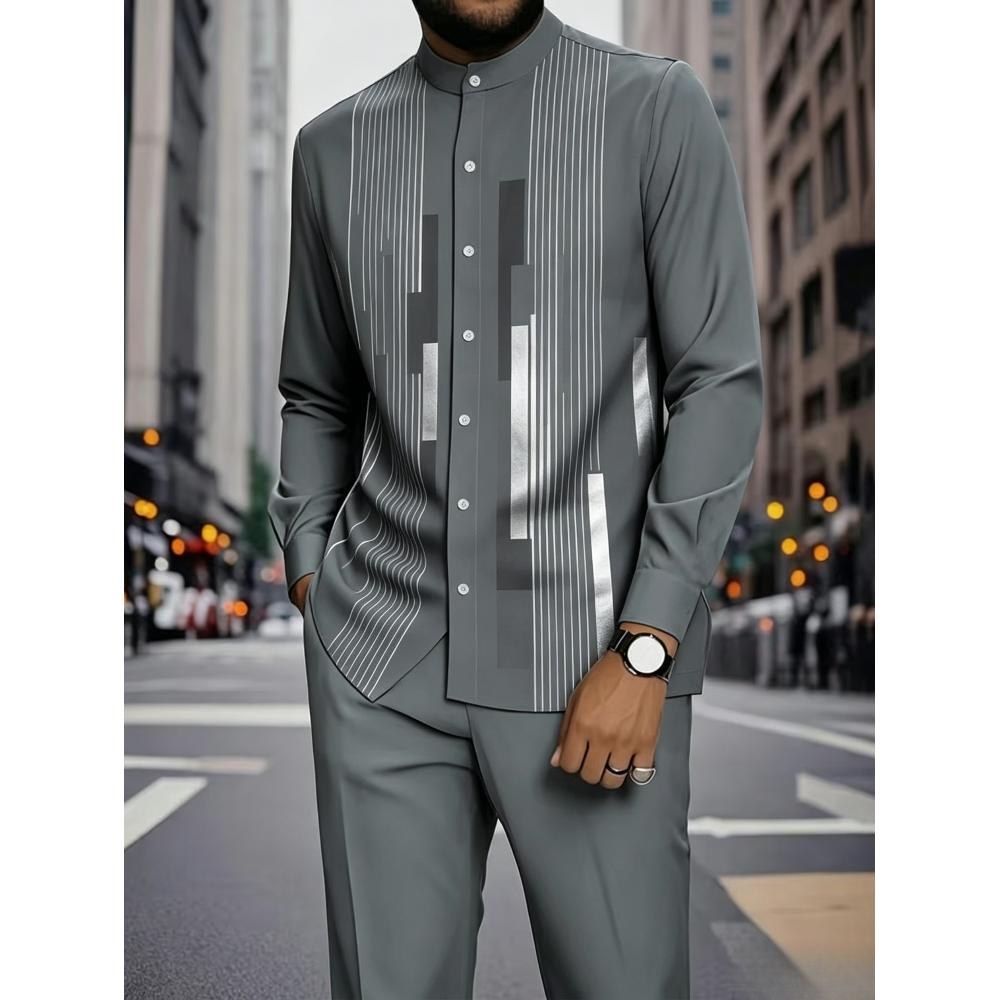 2pcs Set, 2026 European And American Teenager'S Four Seasons Business Casual Shirt Set 2pcs Set - Stand Collar Long Sleeve Shirt Paired with Casual Trousers, Geometric Printed Pattern Shirt Set, Shirt Top, for Outdoor, for Teenager, For Teenager
