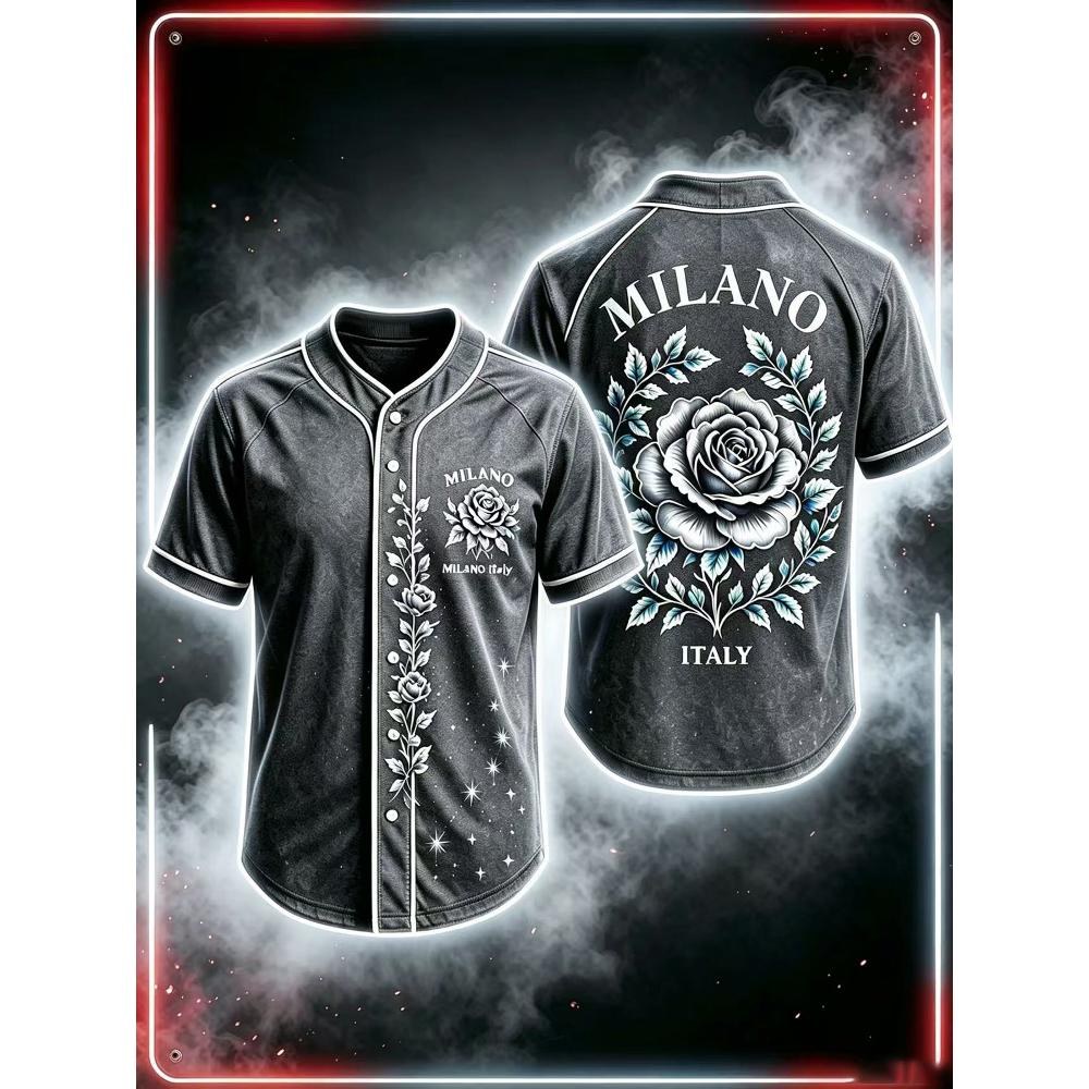 Men's Fashion Baseball Jersey Street Style Milano Rose Floral Graphic Short Sleeve Button Up Shirt Adults Men Casual Wear Holiday Gift