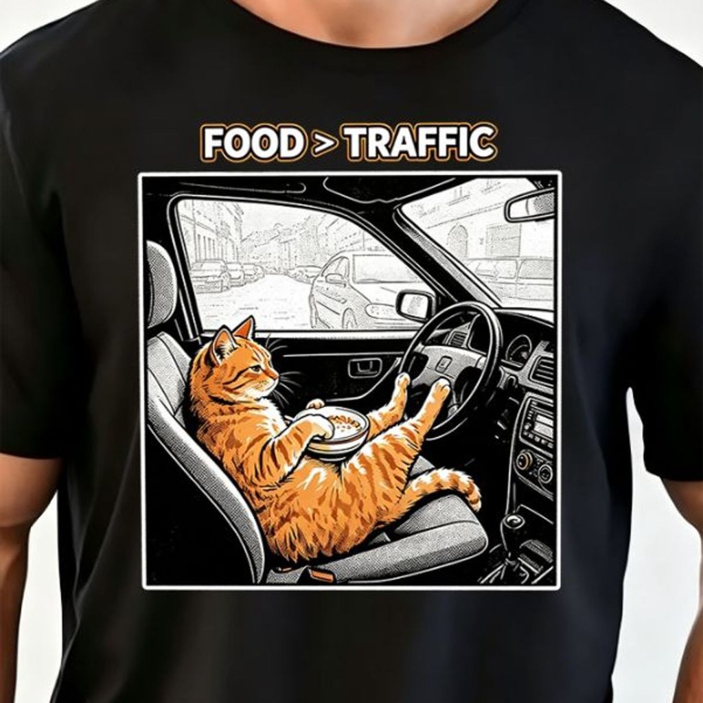 Cat and Food in Car Interior Graphic T‑Shirt, Automotive Enthusiast Space, Whimsical Printed Tee