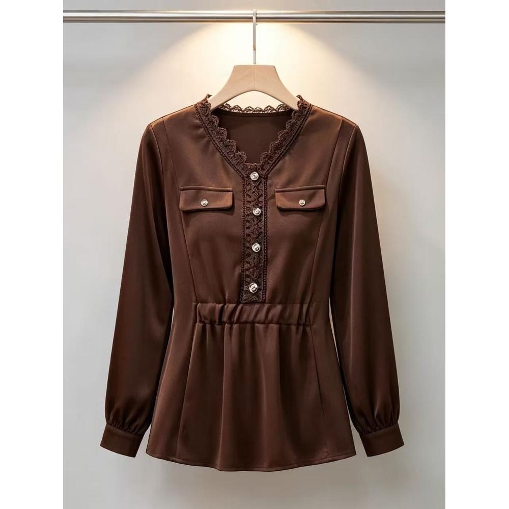 Women'S Long-Sleeve V-Neck Shirt with Lace-Trimmed Buttons, Fitted Waist Design, And Midi Length