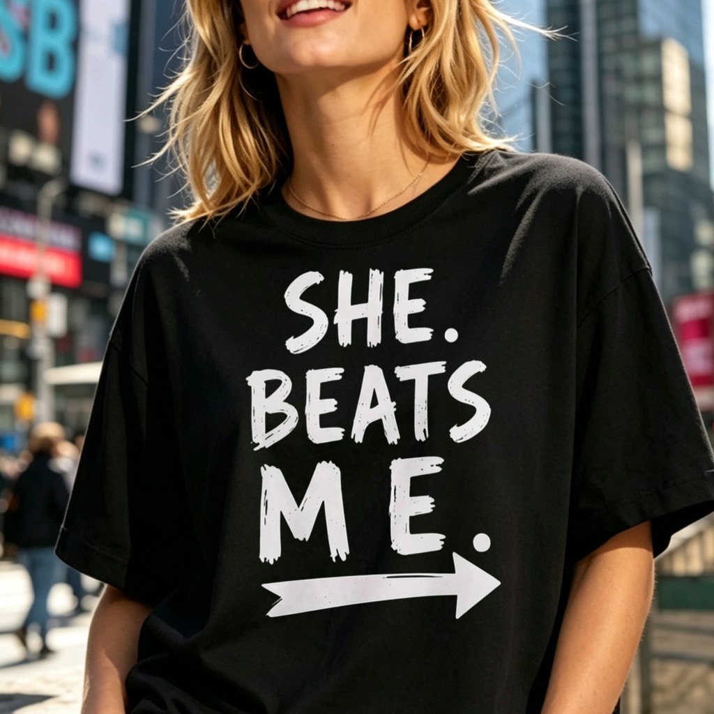 Summer T-Shirt, Printed with a Humorous "She Beat Me" Arrow Pattern, Suitable for Daily Wear