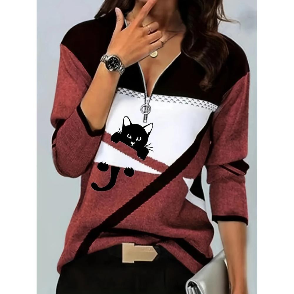 Plus Size - Long Sleeve Zipper T-Shirt Women'S Fashion Item Party Gathering Wear Digital Full Body Print Pattern