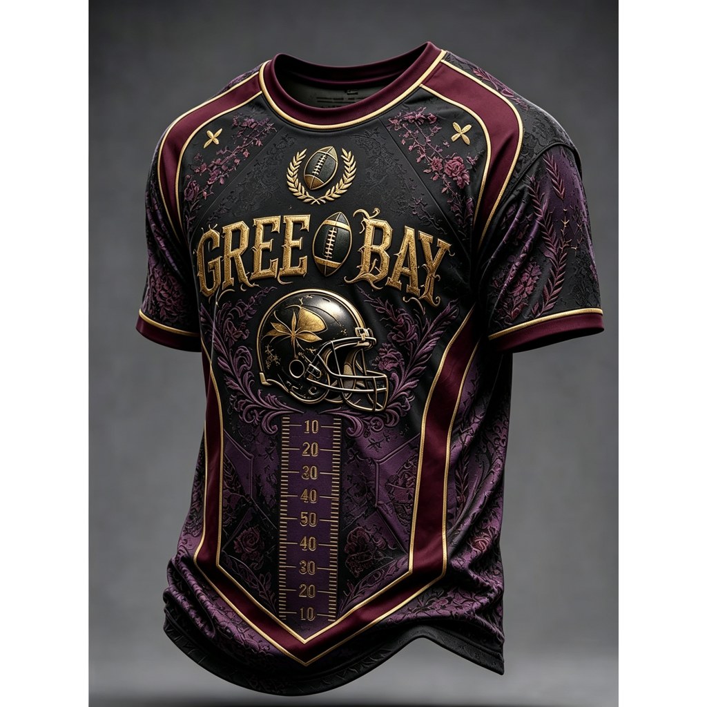 Men's T-shirt, 2026 New Design with a Textured-free Print for Teenagers, Featuring a Cream-colored Green Trim and a Golden-colored Football Helmet and Sideline Print, Lightweight and Fade-resistant, Suitable as a Holiday Party Gift for Teenagers
