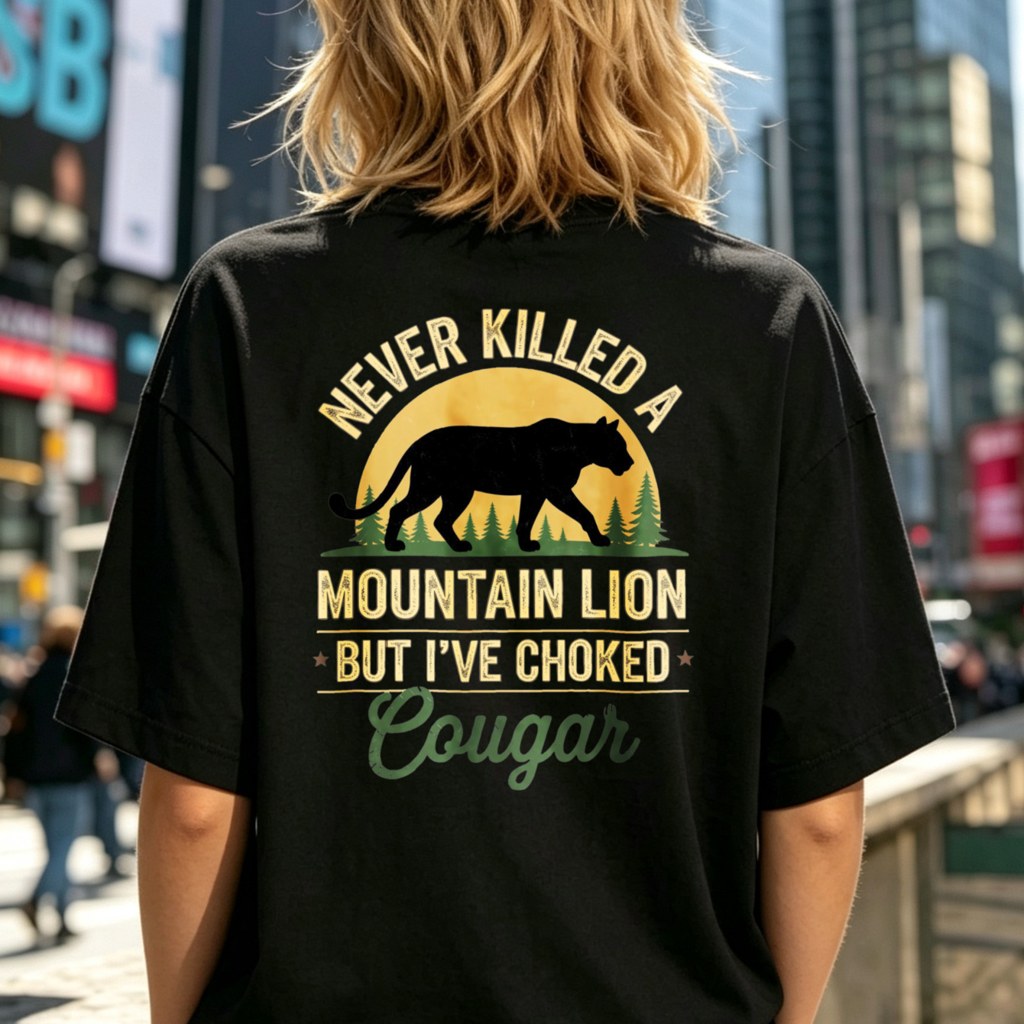 Vintage Style T-Shirt, Never Killed a Mountain Lion But I'Ve Choked Cougar Graphic